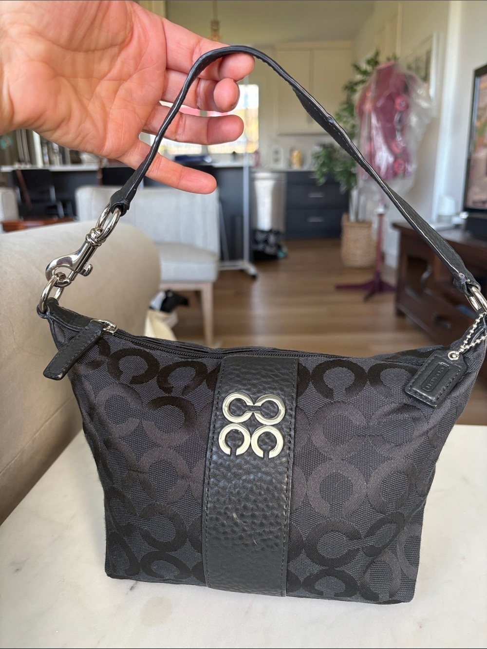 Coach Black Signature Mini Shoulder Bag with Silver Hardware